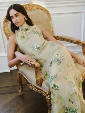 Few Moda O.P.T. High-Neck Floral Maxi Dress in Soft Green With Floral Beading